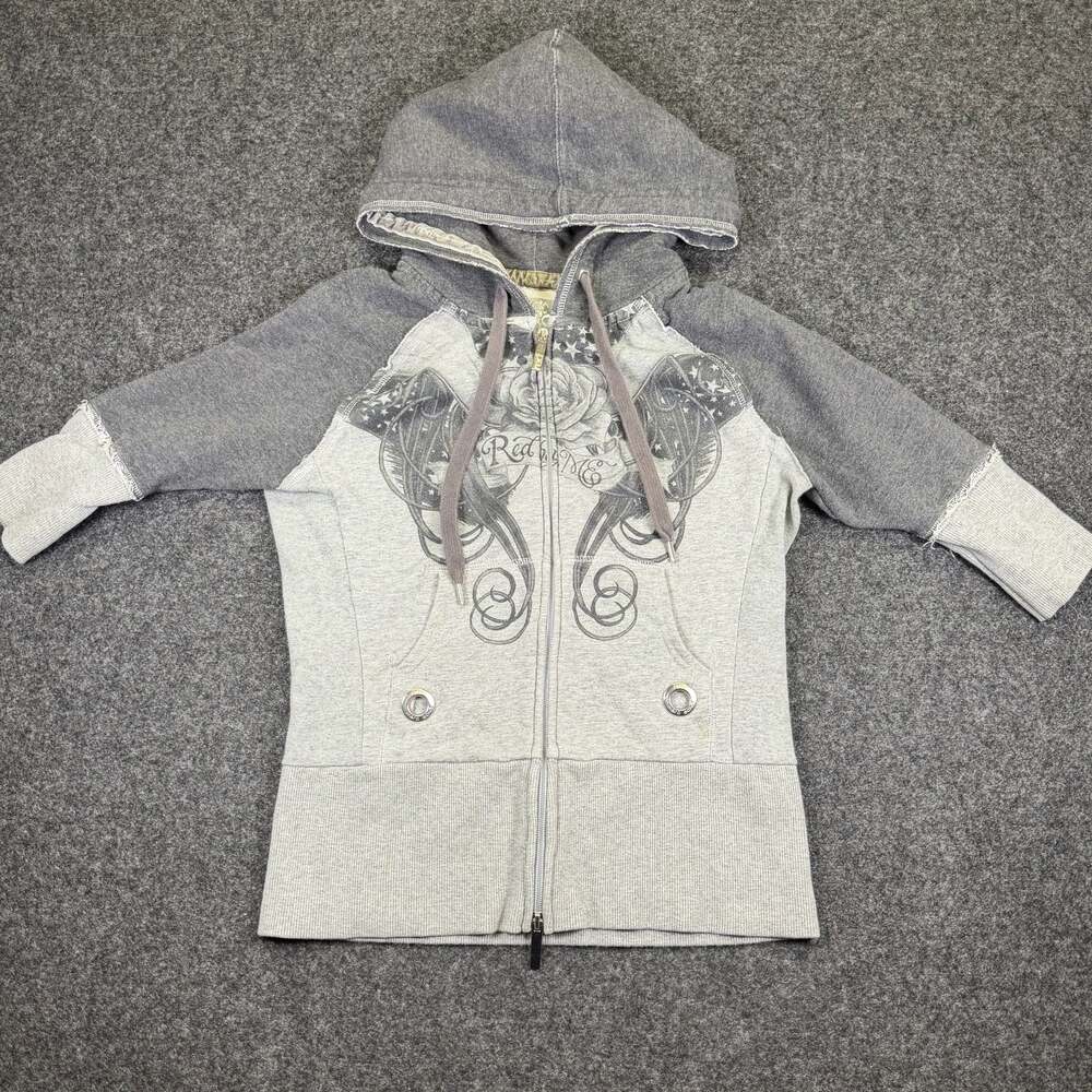 Red by Marc Ecko women's gray graphic zip-up hooded sweatshirt, size S